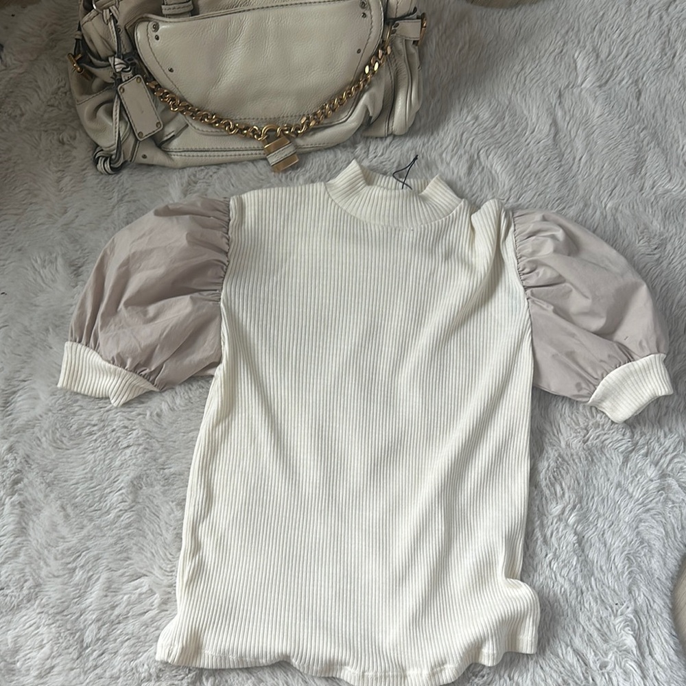 Zara Tan and Brown Puff Sleeve Blouse